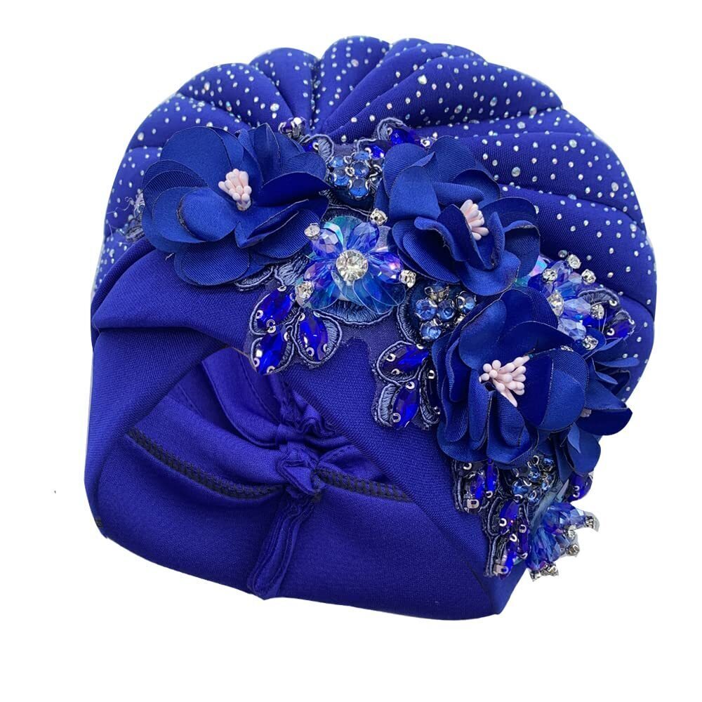 8207 Luxurious African Turban Cap Decorated with Rhinestone Bouquets